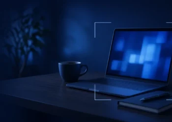 Illustration: an open laptop glowing blue on an evening home-office desk with a coffee cup and notebook, framed by thin blue corner brackets, for a beginner guide to AI training jobs