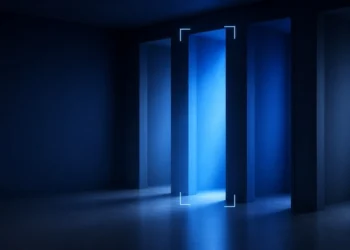 Illustration: four tall doorways in a dark corridor, one lit bright blue and framed by corner brackets, for choosing between AI training platforms