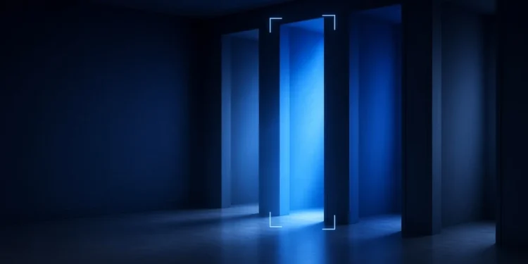 Illustration: four tall doorways in a dark corridor, one lit bright blue and framed by corner brackets, for choosing between AI training platforms