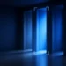 Illustration: four tall doorways in a dark corridor, one lit bright blue and framed by corner brackets, for choosing between AI training platforms