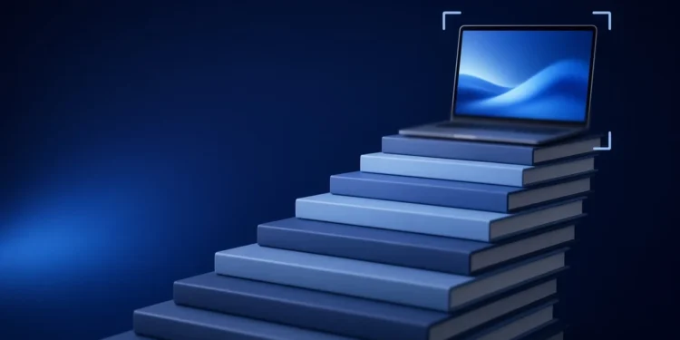 Illustration: a staircase of blue books rising to an open laptop, framed by corner brackets, for a step-by-step guide to becoming an AI trainer