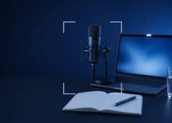Illustration: an interview preparation desk with a studio microphone, a laptop with a webcam light, an open notebook and a glass of water