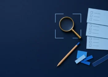 Illustration: a magnifying glass, a pencil, checklist cards and blue tabs on a navy desk, for core AI trainer rating and rubric skills