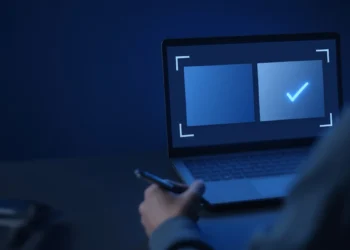 Illustration: a reviewer seen from behind, holding a pen at a laptop that shows two answer panels with a tick on one, for what an AI trainer does