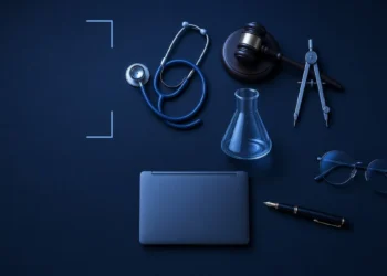 Illustration: a stethoscope, gavel, drafting compass, lab flask, glasses and pen around a closed laptop, for AI training work for domain experts