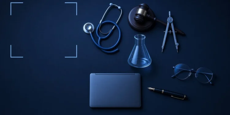 Illustration: a stethoscope, gavel, drafting compass, lab flask, glasses and pen around a closed laptop, for AI training work for domain experts