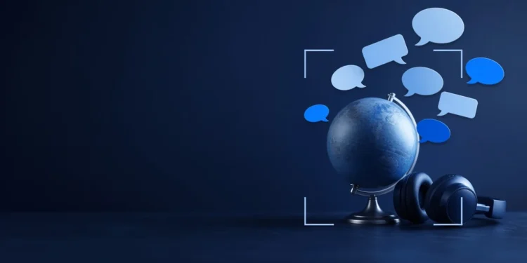 Illustration: a desk globe and headphones under floating blank speech bubbles in blue, for multilingual AI training jobs