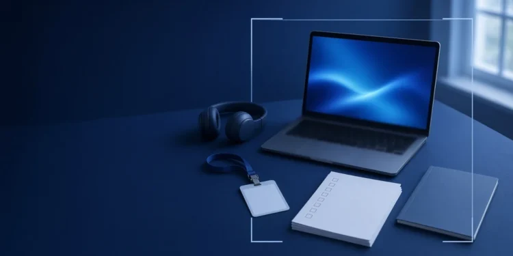 Illustration: a tidy first-day workspace with a laptop, headset, blank badge and checklist pad, for onboarding to a first AI training project