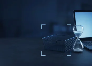 Illustration: an empty wire in-tray and an hourglass beside a laptop with an empty screen, for an AI training dashboard with no tasks