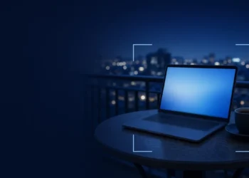 Illustration: a laptop on a balcony table at dusk with a softly lit city behind, for remote AI trainer jobs