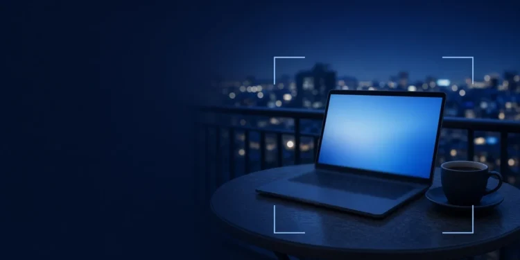Illustration: a laptop on a balcony table at dusk with a softly lit city behind, for remote AI trainer jobs
