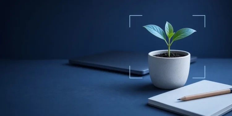 Illustration: a seedling in a white pot beside a blank notebook and pencil, for starting AI trainer work with no experience