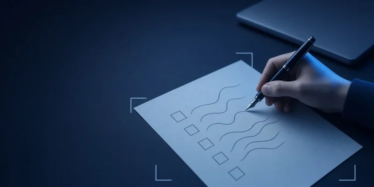 Illustration: a hand writing on a checklist sheet with a fountain pen beside a closed laptop, for AI training jobs that need no coding