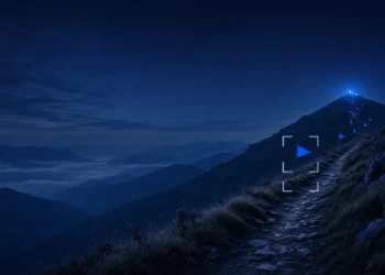 Illustration: a mountain trail at blue hour marked with small blue flags leading to a lit summit, for a 30-day AI trainer beginner roadmap