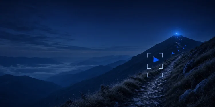 Illustration: a mountain trail at blue hour marked with small blue flags leading to a lit summit, for a 30-day AI trainer beginner roadmap