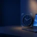 Illustration: a clock without numerals, a laptop and a mug on a desk lit half by an evening lamp, for part-time AI training jobs