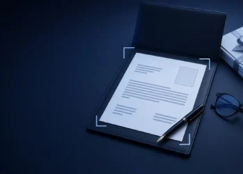 Illustration: a resume sheet in a leather folder with a fountain pen, glasses and ribboned papers, for a domain expert AI resume
