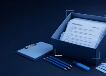 Illustration: an open box of blank worksheets with a clipboard, blue pencils and tabs, for the free AI trainer starter kit
