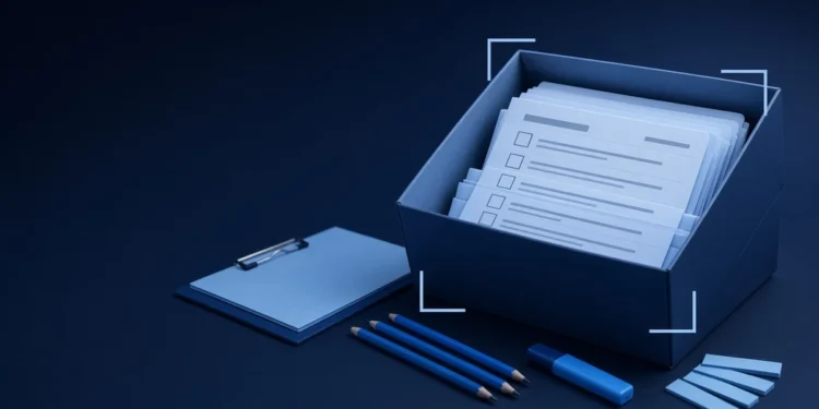 Illustration: an open box of blank worksheets with a clipboard, blue pencils and tabs, for the free AI trainer starter kit
