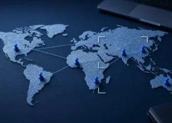 Illustration: a textured world map on a desk with blue pins linked by thread, for remote AI training jobs by country