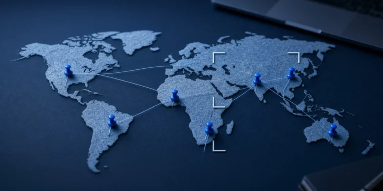 Illustration: a textured world map on a desk with blue pins linked by thread, for remote AI training jobs by country