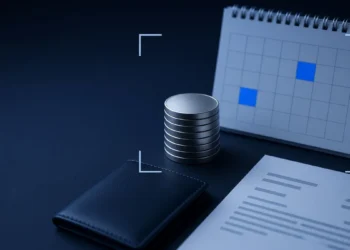 Illustration: a stack of plain coins, a wallet, a blank invoice and a calendar with two blue squares, for AI trainer pay and payout timing