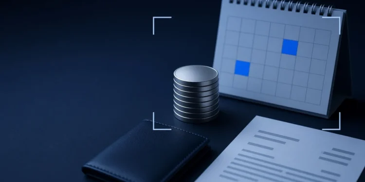 Illustration: a stack of plain coins, a wallet, a blank invoice and a calendar with two blue squares, for AI trainer pay and payout timing