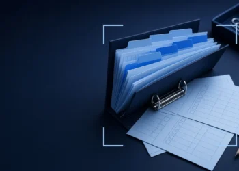 Illustration: a ring binder with blue divider tabs and blank template sheets, for free AI trainer resources and practice tools