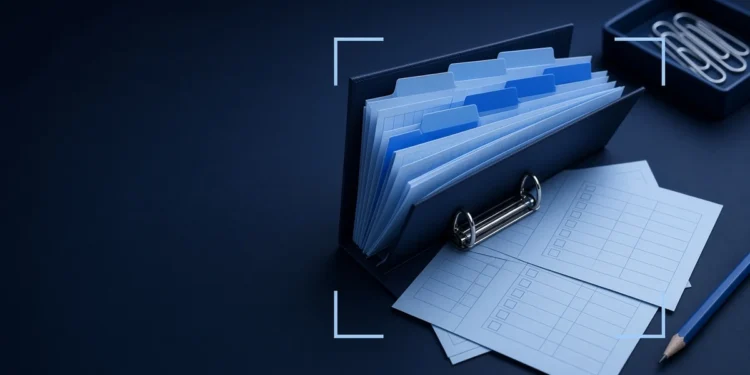 Illustration: a ring binder with blue divider tabs and blank template sheets, for free AI trainer resources and practice tools