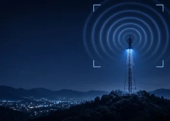 Illustration: a transmission tower on a hill at night sending blue signal rings into the sky, for AI training jobs news