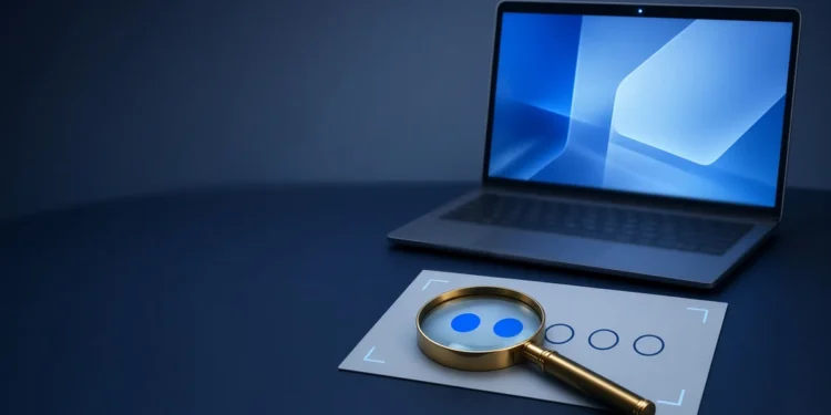 Illustration: a magnifying glass over a rating card with two of five circles filled, in front of a laptop, for a micro1 review