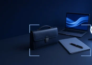 Illustration: a briefcase, contract folder with pen, laptop and ring light on a desk, for a Mercor review