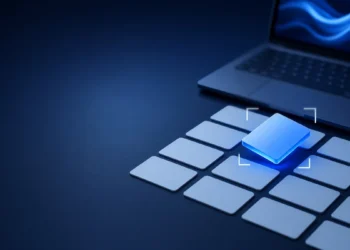 Illustration: a grid of task cards beside a laptop with one card lifted and lit blue, for an Outlier review