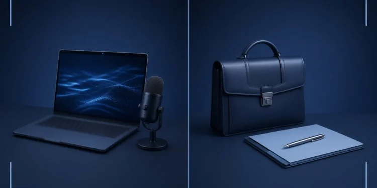 Illustration: split scene of a laptop with a microphone on one side and a briefcase with a contract folder on the other, for micro1 vs Mercor