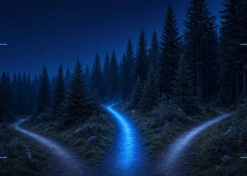 Illustration: a forest path forking into three trails with the middle one lit blue, for the best AI training jobs for beginners