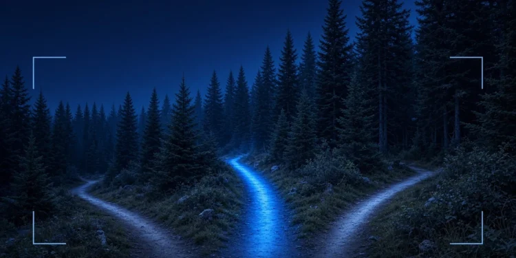 Illustration: a forest path forking into three trails with the middle one lit blue, for the best AI training jobs for beginners