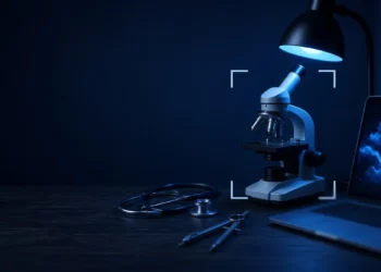 Illustration: a microscope, stethoscope and drafting compass beside a laptop under a desk lamp, for the best AI training platforms for experts