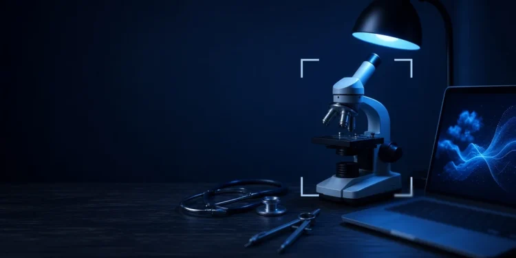 Illustration: a microscope, stethoscope and drafting compass beside a laptop under a desk lamp, for the best AI training platforms for experts