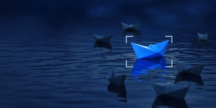 Illustration: small paper boats on dark water with one lit bright blue, for Outlier alternatives