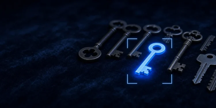Illustration: a row of old and new keys on dark velvet with one key glowing blue, for DataAnnotation alternatives