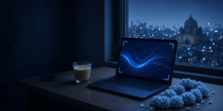 Illustration: a laptop by a window over an Indian city at blue hour with a glass of chai and a flower garland, for AI training platforms in India