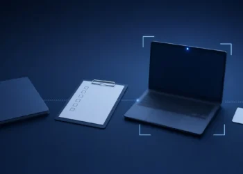Illustration: a folder, checklist clipboard, laptop with webcam light and blank ID card linked by a dotted line, for the micro1 application process