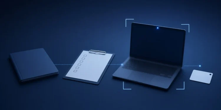 Illustration: a folder, checklist clipboard, laptop with webcam light and blank ID card linked by a dotted line, for the micro1 application process