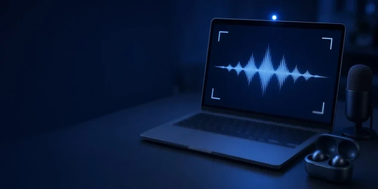 Illustration: a laptop showing a voice waveform beside a microphone and earbuds, for the micro1 Zara AI interview