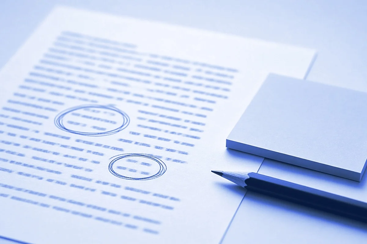 A printed paragraph with two short phrases circled in pencil and a sticky note beside it, for AI evaluation rationale writing