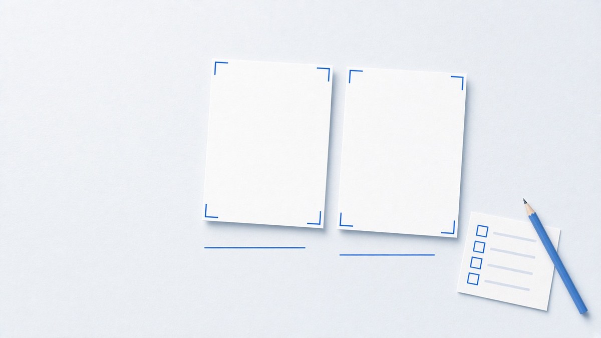 Illustration for this AI trainer resources page: two printed practice sheets side by side on a desk with a pencil and a checklist card, each sheet framed by thin blue corner brackets