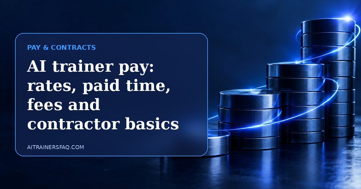 Navy and electric blue glass panel with the title AI trainer pay: rates, paid time, fees and contractor basics