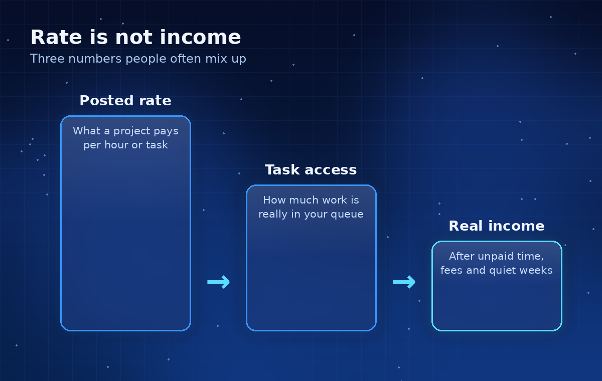 Three glass bars labelled posted rate, task access and real income getting smaller left to right