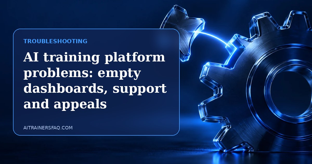 Navy and electric blue glass panel with the title AI training platform problems: empty dashboards, support and appeals