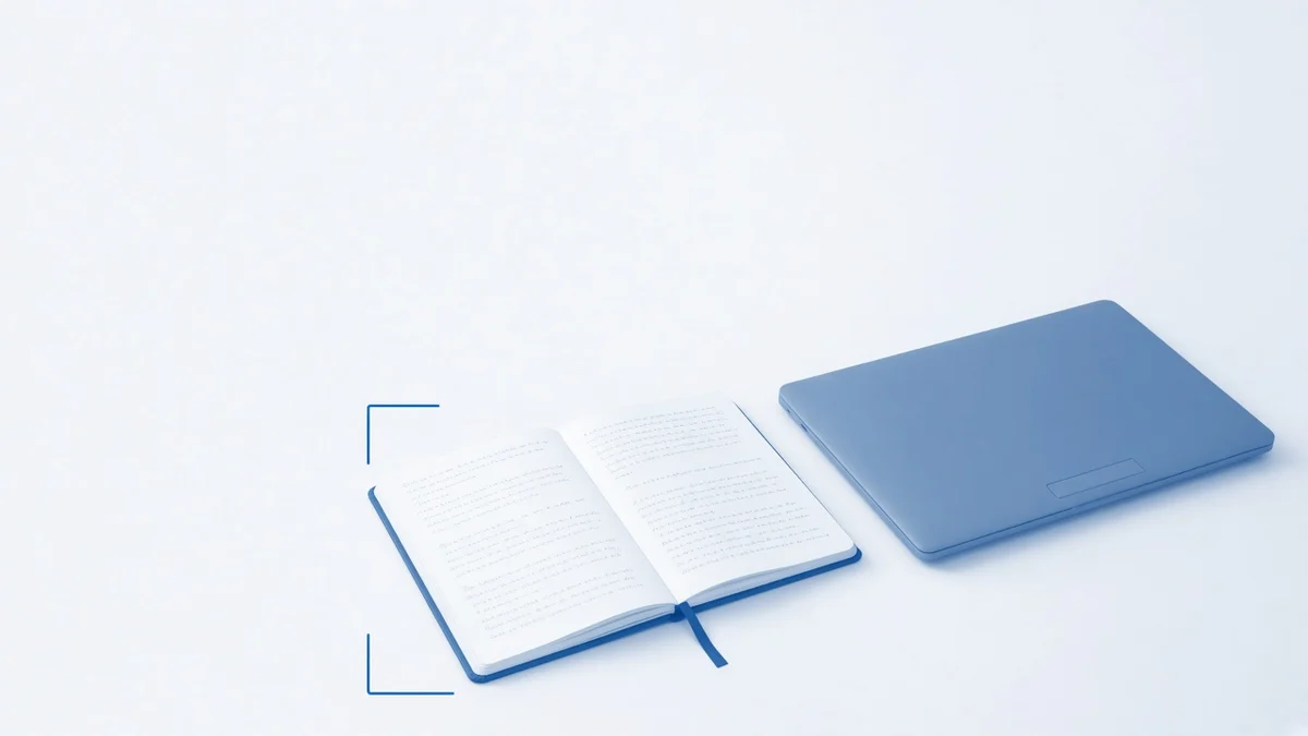 Illustration for this DataAnnotation alternatives comparison: an open notebook with handwritten notes beside a closed laptop, with thin blue corner brackets around the notebook